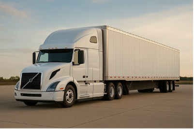 White semi-truck on a road with a clear sky