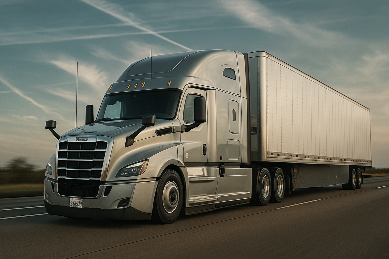 Truck driving on a highway with a clear sky in the background
