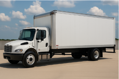 White delivery truck on a clear road with blue sky
